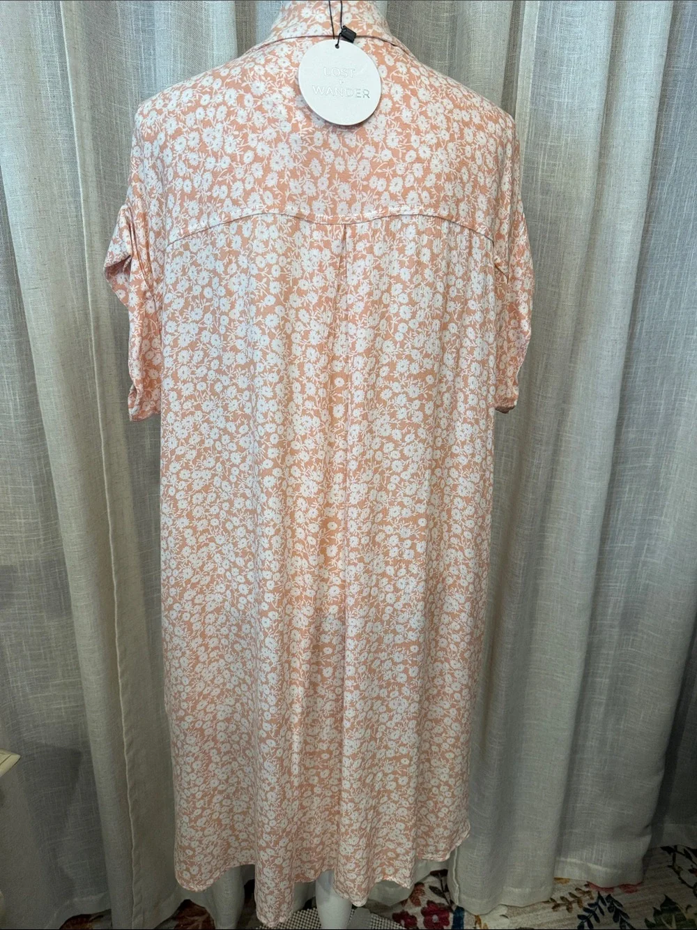 NWT-Lost + Wander Floral Button Front Mini Shirt Dress XS/S NWT Peach Whte Rayon - Picture 6 of 13